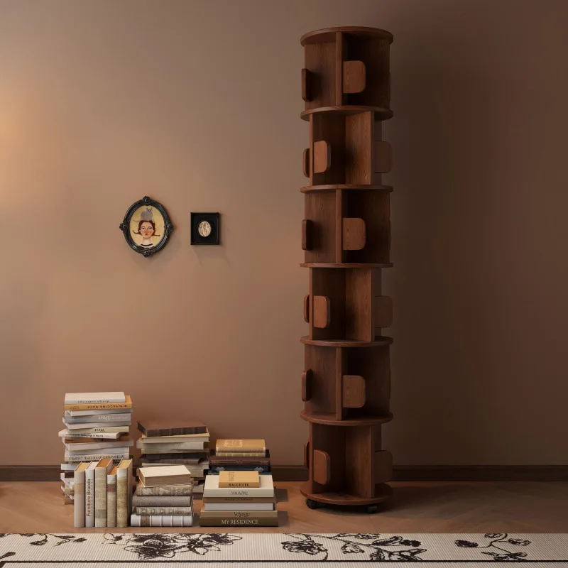 The bookshelf can be rotated in antique small apartment, and  movable bookcase next to  solid wood desk has a large