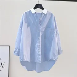 Pure Cotton Blouses Loose Shirt For Women Korean Shirts Blue Vertical Striped Shirt Cardigan Tops Pocket Top Casual Female Shirt