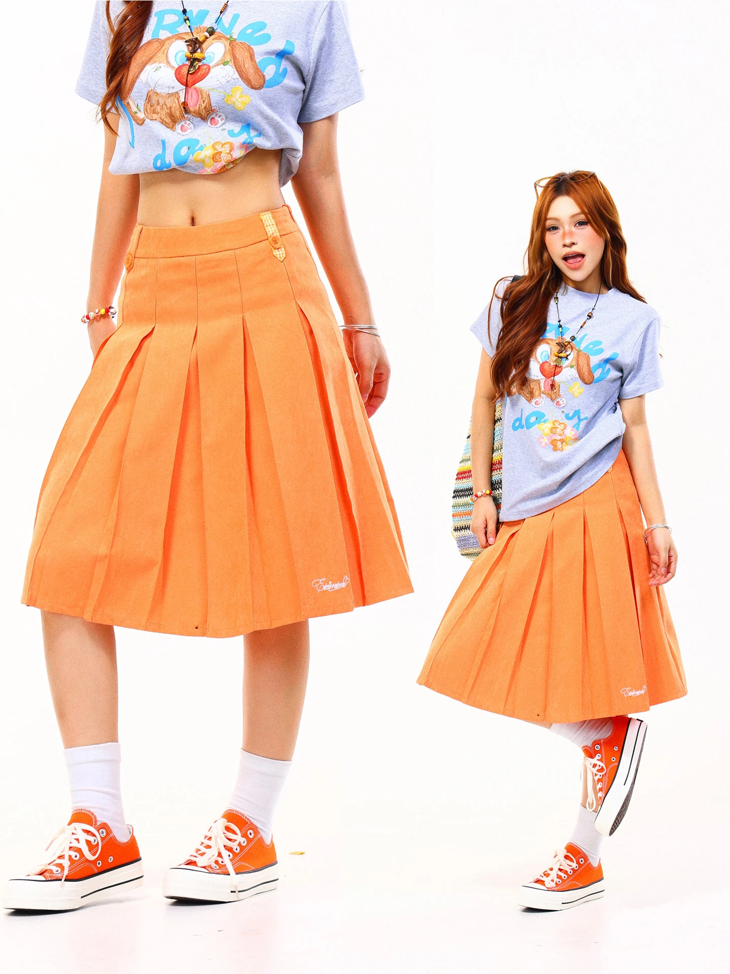 

Light Blue American Style High Waist Pleated Skirt Women's A-Line Skirt Slimming Effect Vintage Embroidery Polyester