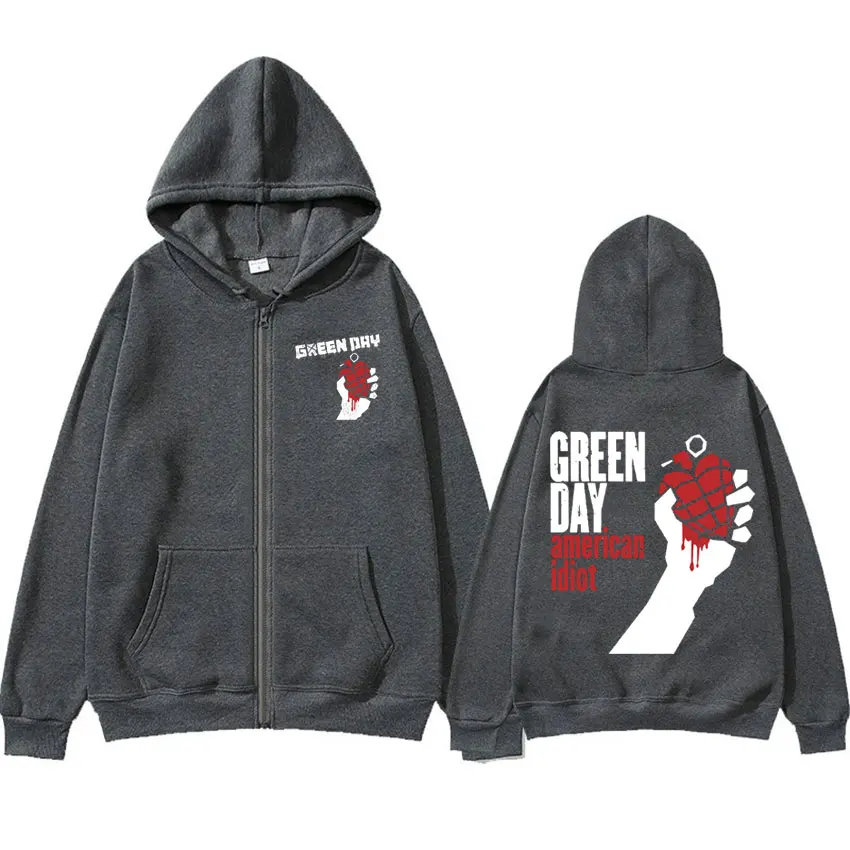 Rare Punk Band Green Day American Idiot Zipper Hoodie Mens Clothing Gothic Vintage Zip Up Sweatshirt Casual Fleece Jacket Hooded