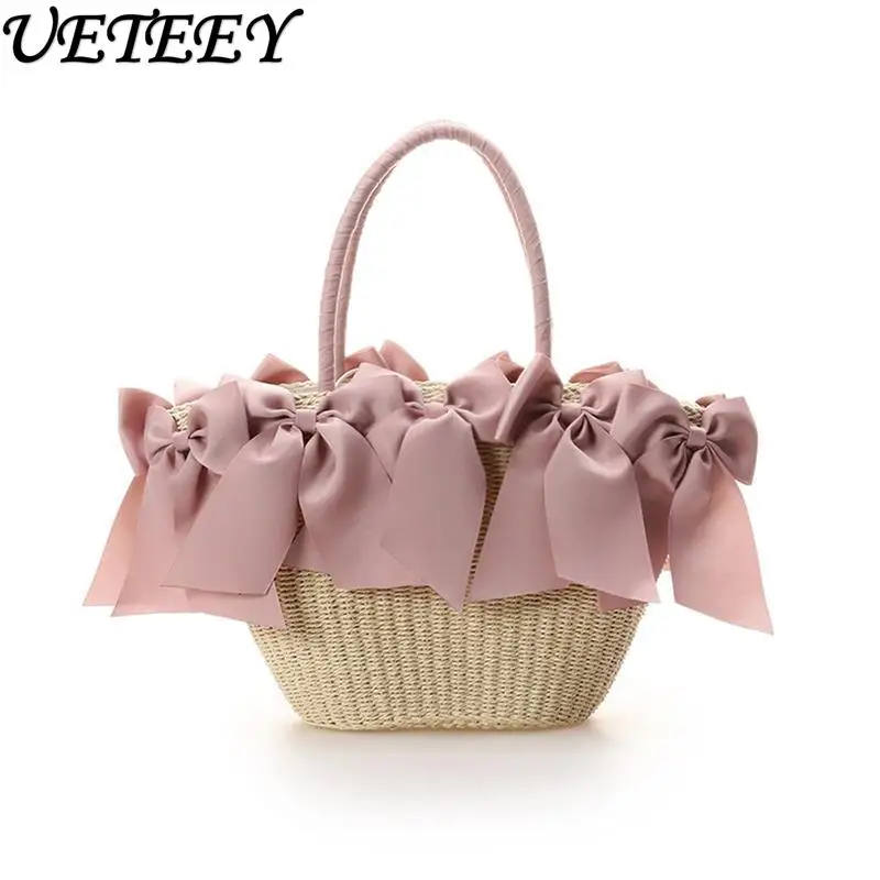 

Sweet and Cute Girl Big Bow Handbasket Woven Material Summer Versatile Handbag Going Shopping Cosmetic Bag Makeup Case