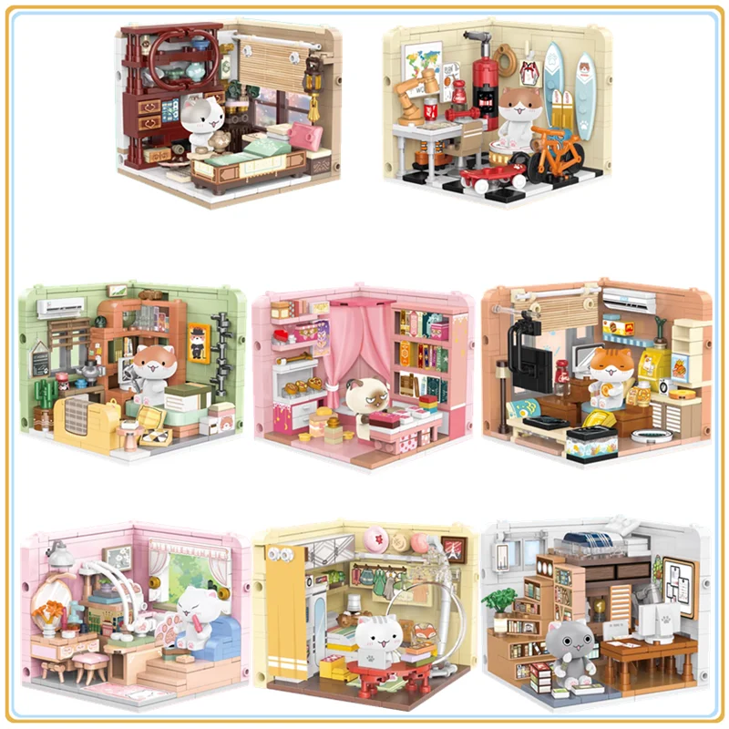 Creative Cute Cats House Building Blocks, Anime City Street Scene Decoration Kumamoto Bear DIY Puzzle Toys Girl Gifts