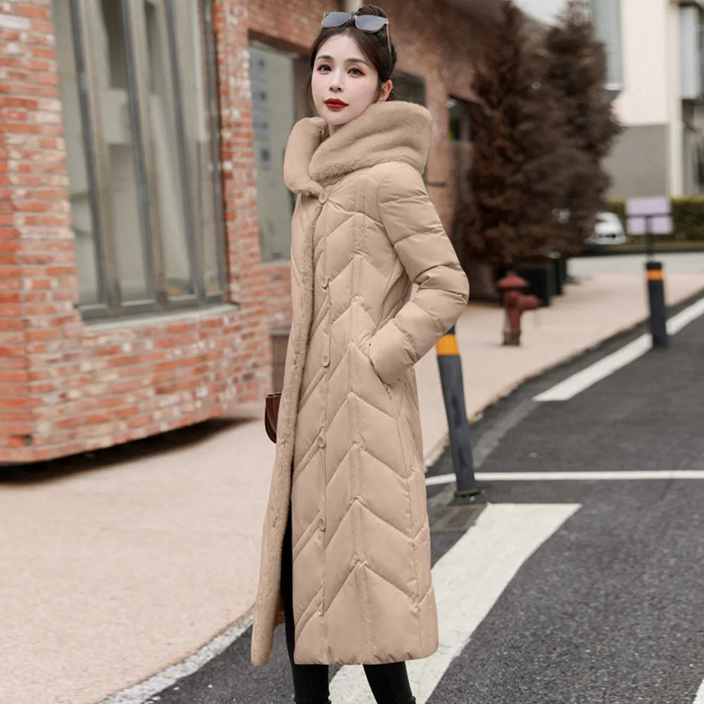 Winter Fur Splice Long Cotton Coat For Women\'s Thicken Warm Lace Up Down Jackets Ladies Knee Length Elegant Hooded Parka Female