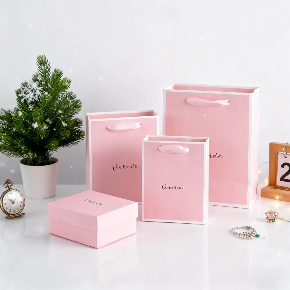 

Pink Luxury Custom Shopping Sack Wedding Christmas Party Gift Paper Tote Bags Jewelry Cosmetic Packaging with Ribbon Handle Bag