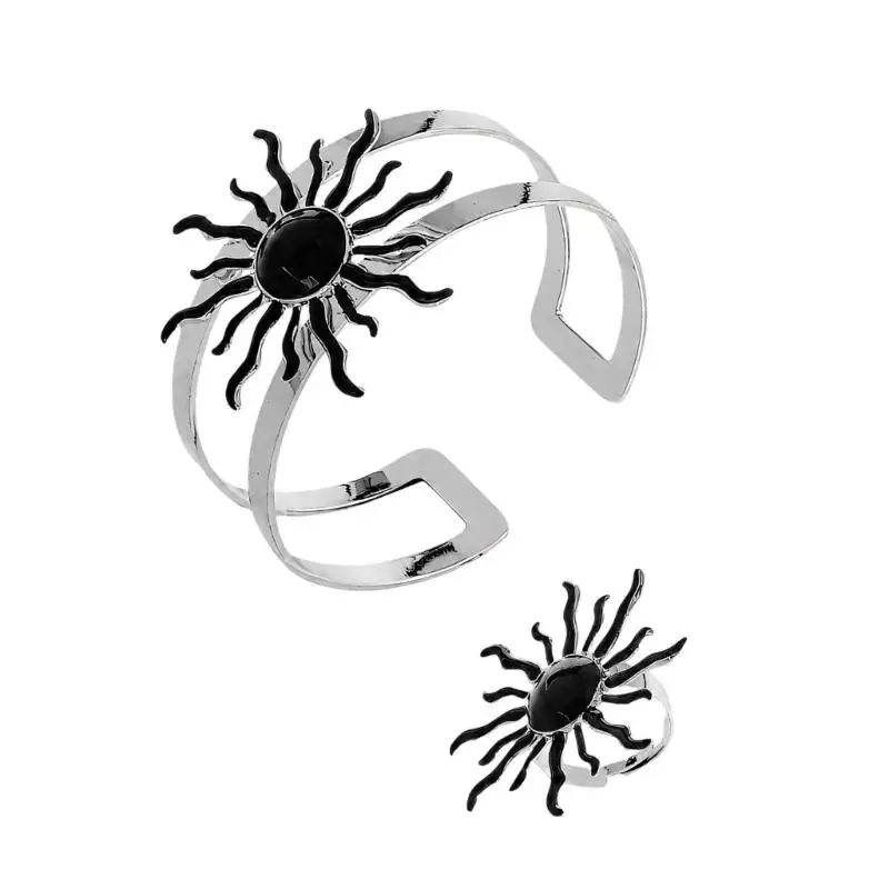 31BB Sun Jewelry Set with Open Cuff Bracelet and Ring Pair, Adjustable Statement Accessory for Daily Looks and Gifting
