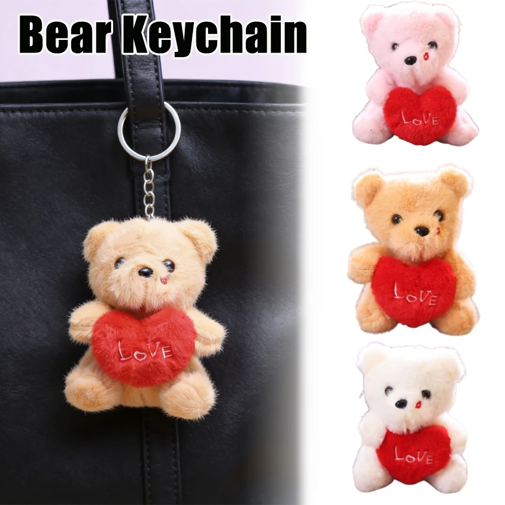 Chaveiro de Urso com Coração de Amor, Acessórios de Boneca de Pelúcia Macia para Decoração de Bolsas, Mochilas e Presentes, Lembrança para Casais