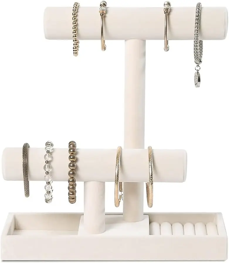 Multi-Functional 2 Tier Jewelry Holder,Necklace Bracelet Holder with Earrings Rings Tray,Jewelry Organizer Stand for Scrunchie