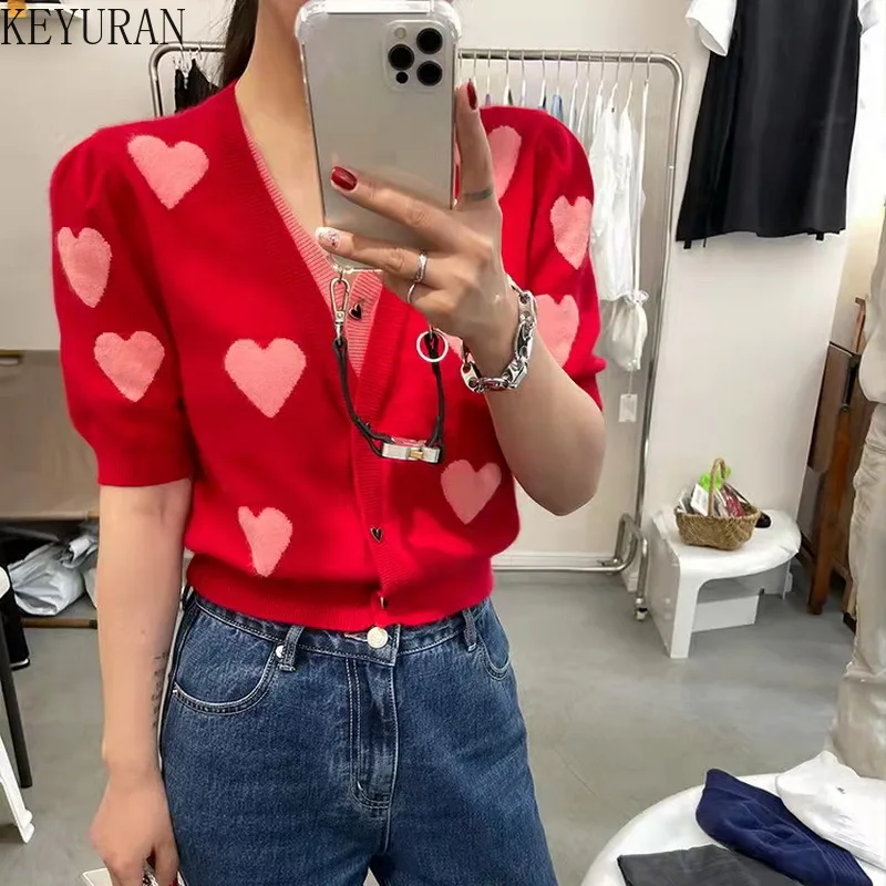 Red Fake Two Love Heart V-neck Short Sleeve Cardigan Women Knitted Thin Sweater 2024 Spring Autumn Female Cardigan Ladies Jumper