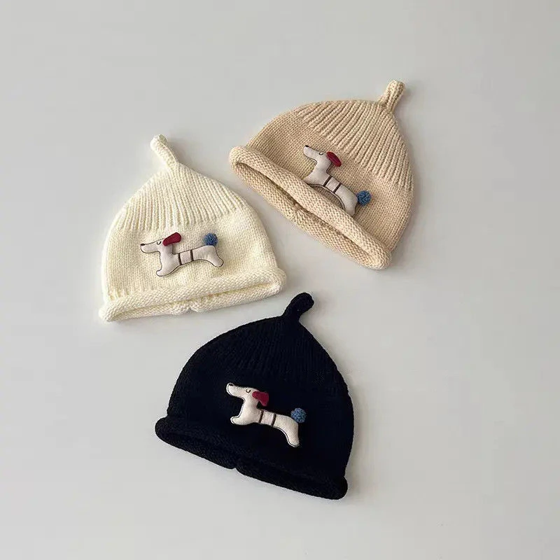 

Шапка с милой собакой для ребенка, зимняя теплая пуловерная шапка для мальчиков и девочек, однотонная шерстяная вязаная шапка крючком, детская вязаная шапка с героями мультфильмов
