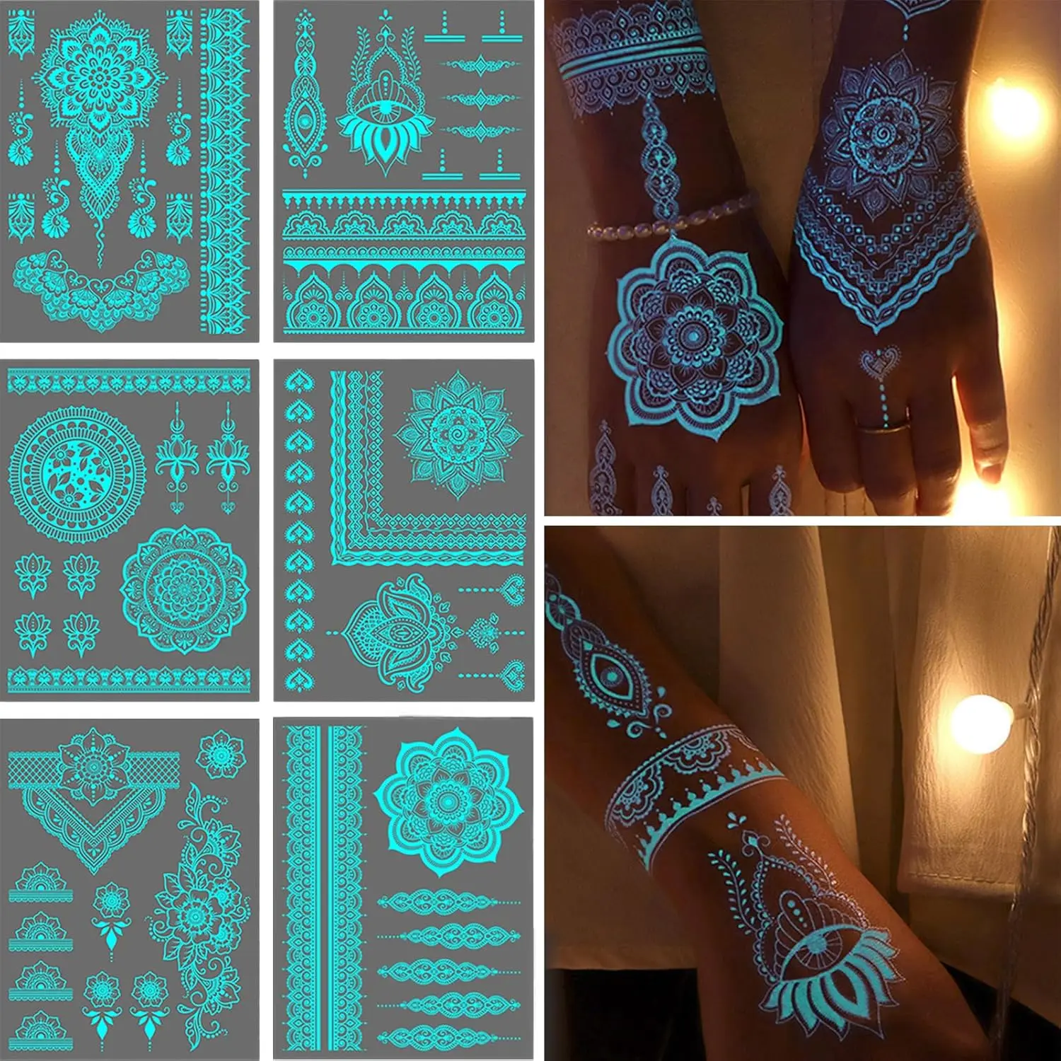 Blue Luminous Temporary Tattoo Stickers Lace Luminous Tattoo Sticker Lotus Flower Glow In The Dark
