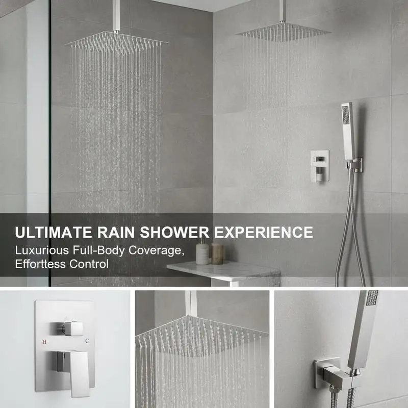 Rain Shower Fixtures 12-Inch For Residential Bathroom Hotel Suite Master Bath, Ceiling Mounted High Pressure Dual Function Brass Construction Brushed Nickel Finish view 7