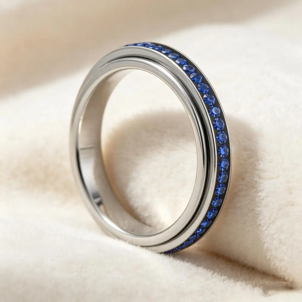 3MM Wide Rotating Blue Rhinestone Stainless Steel Spinner Rings For Women Men Female Male Thin Finger Wedding Bands Jewelry