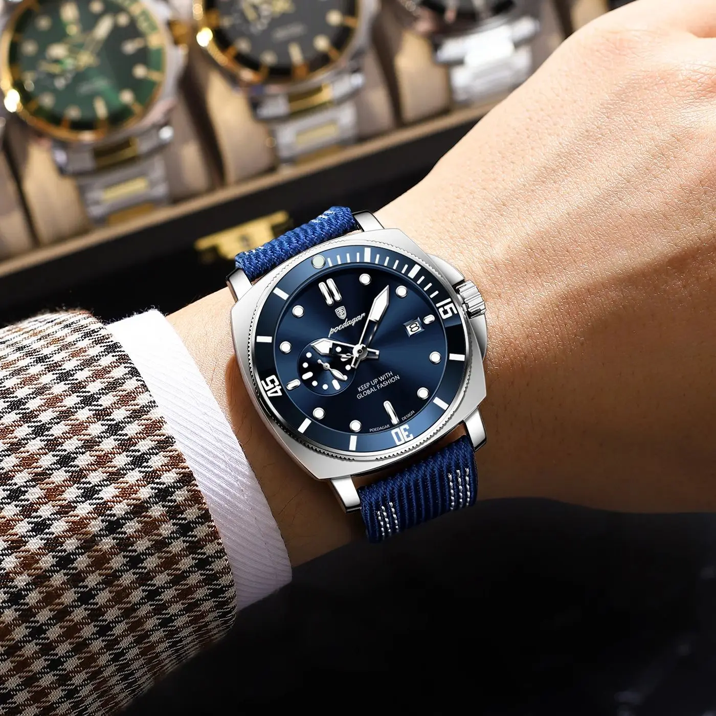 POEDAGAR موضة فاخرة رجل ساعة اليد مضيئة مقاوم للماء تاريخ ساعة رياضية للرجال الأعمال النايلون جلدية كوارتز ساعات رجالية