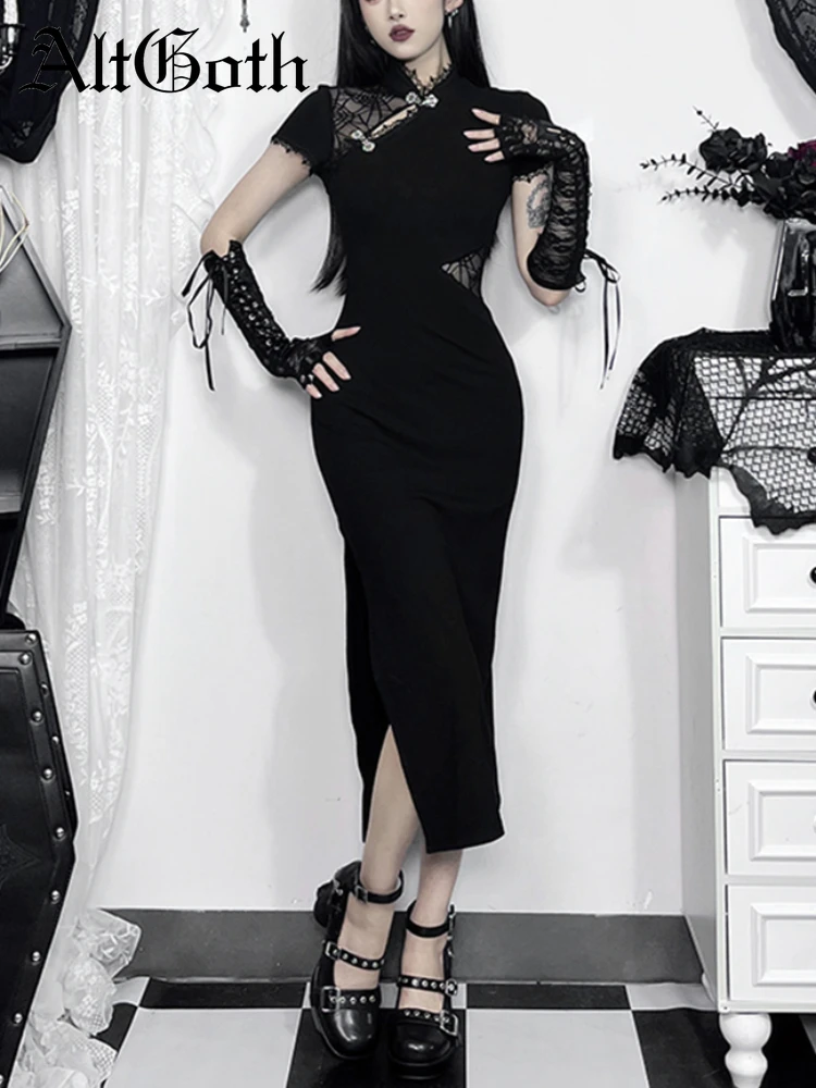 AltGoth Dark Gothic Cheongsam Dress Women Vintage Chinese Style Short Sleeve Lace Patchwork High Waist Bodycon Party Dress Femme