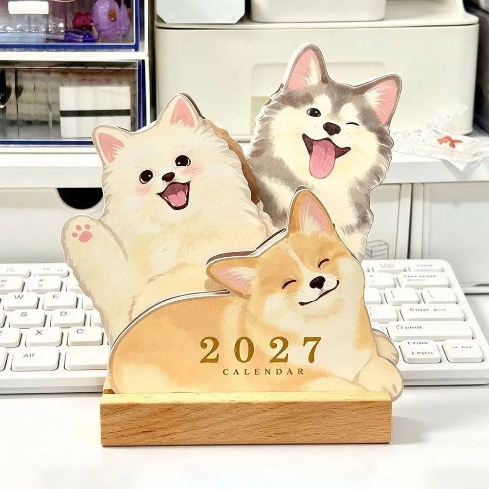 New Detachable Wooden Base 2027 Desk Calendar Cartoon Cat Dog Standing Dog Calendar Cat Calendar Desktop Ornament