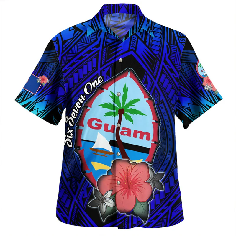 Guam Hawaiian Shirt For Men Fashion Polynesia Hibiscus Flower Oversized Shirts Summer Beach Blouse Button Lapel Short Sleeves