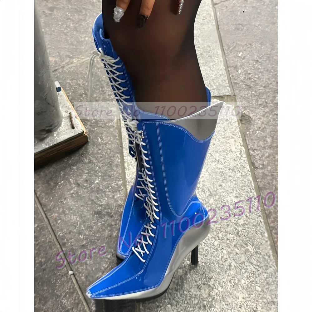 

Blue Patent Leather Knee High Boots Women Stylish Pointy Toe Cross Tied High Heels Dress Shoes Ladies Hollow Out Cool Tall Boots