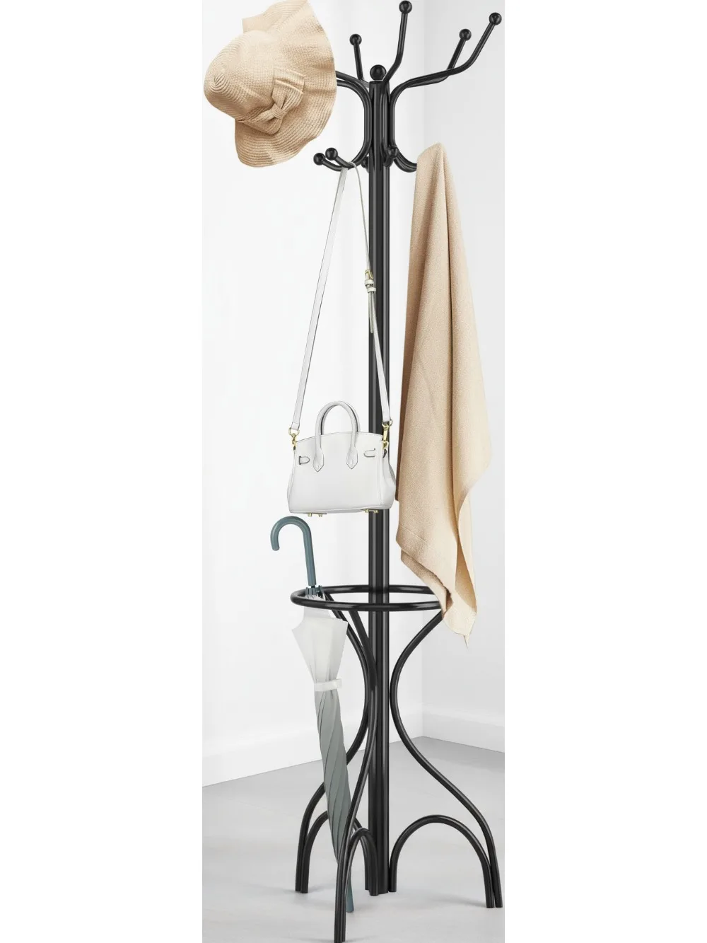 

Modern Freestanding Coat Rack with 12 Hooks & Umbrella Holder, Heavy-duty Entryway Organizer for Jackets Bags Hats