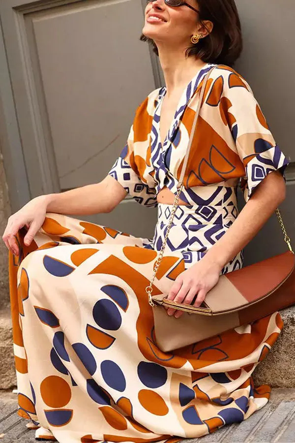 فستان أنيق مطبوع هندسي للنساء مثير عميق الخامس الرقبة جوفاء نصف كم فستان طويل فساتين عادية بوهو عطلة نمط