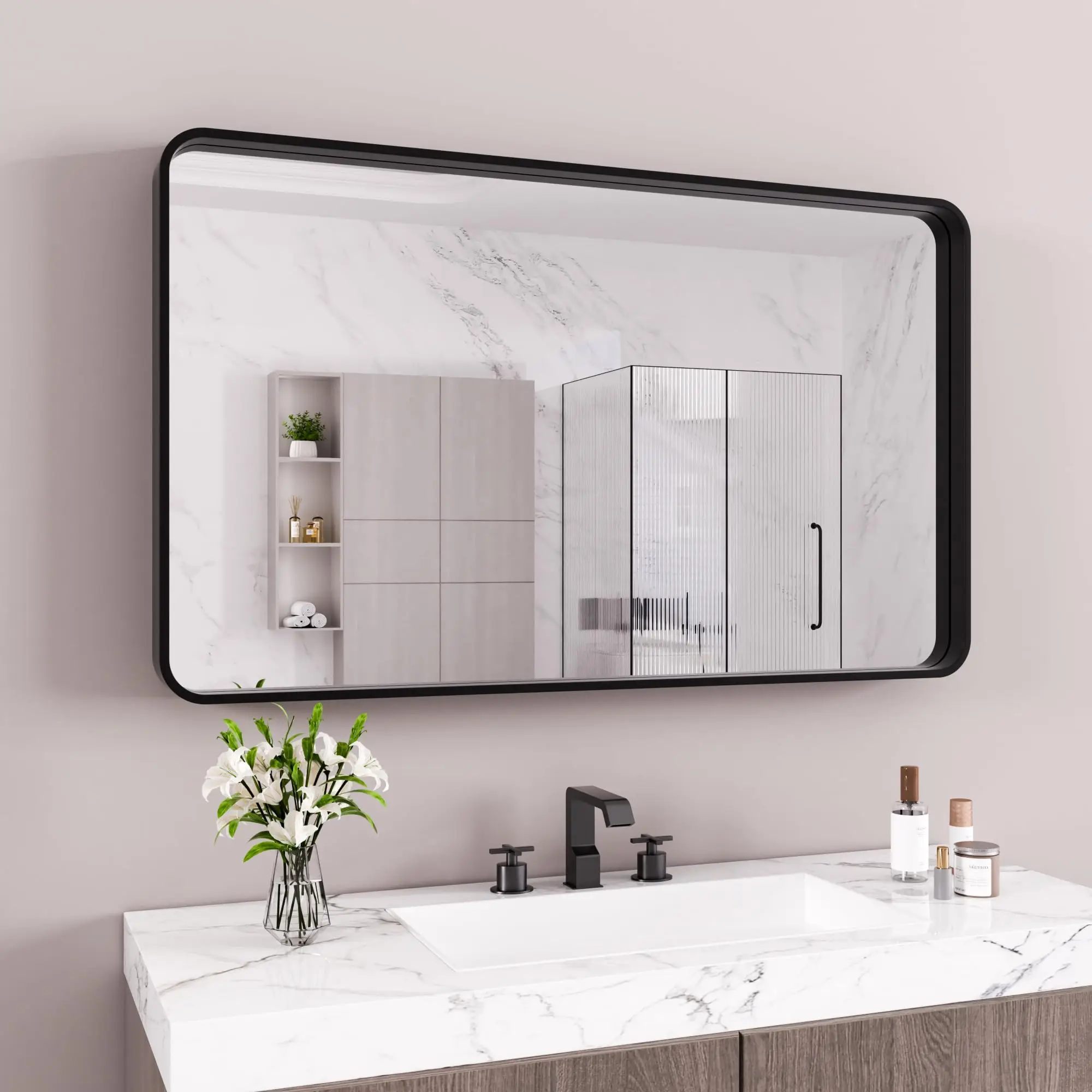 60x40 Inch Black Bathroom Mirror Wall Mounted Rounded Rectangle Matte Black Framed Mirror Black Bathroom Vanity Mirror