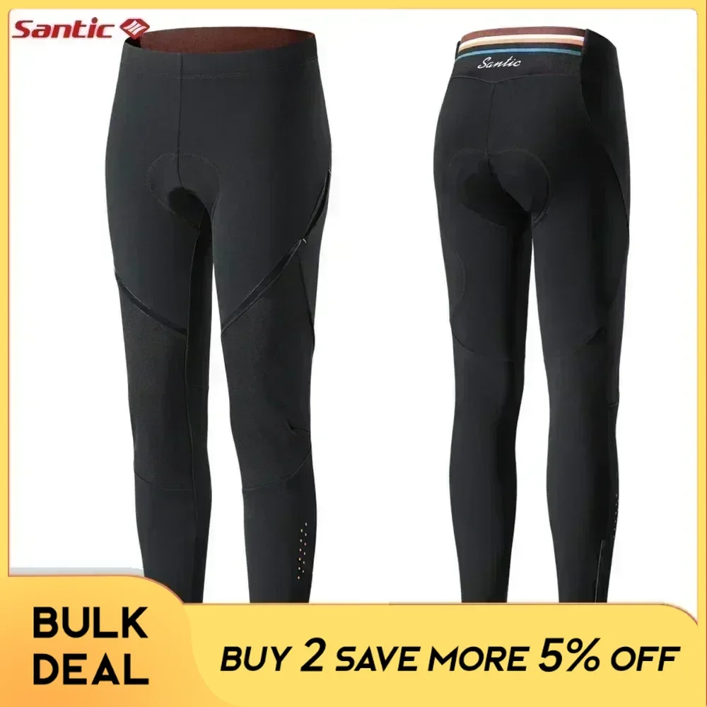 Santic Windproof Cycling Pants Women's Autumn Winter Outdoor Thermal Bikng Sports Trousers MTB Padded Trousers w/ Side Pocket