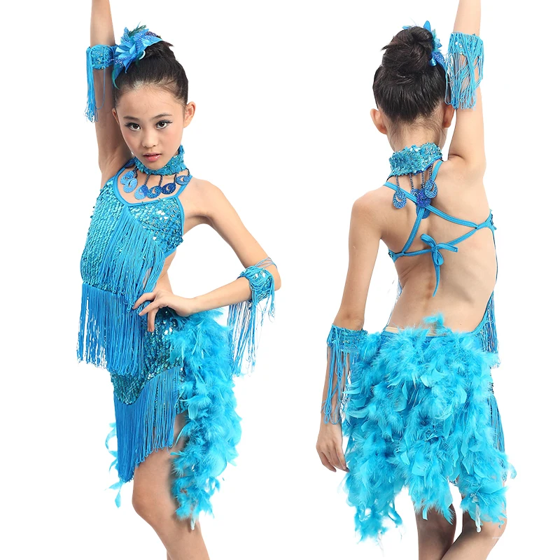 vestito da ballo professionale per bambini ragazze con frange di paillettes salsa tango costume sexy abiti da ballo da sala per bambini gonna latina piuma