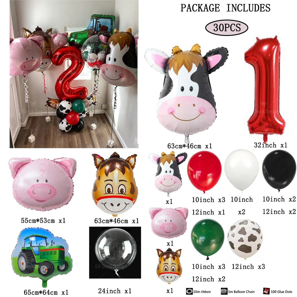 30pcs Farm Theme Green Tractor Cow Pig Inflatable Balloons 32inch Red Number Balloon Happy Birthday Party Decor Baby Shower Gift