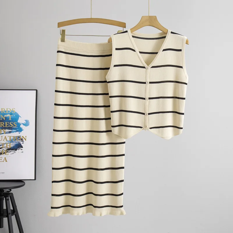 

Модный вязаный костюм для женщин, новый летний полосатый жилет без рукавов с v-образным вырезом и мешковатая юбка трапециевидной формы, универсальный комплект из двух предметов B652