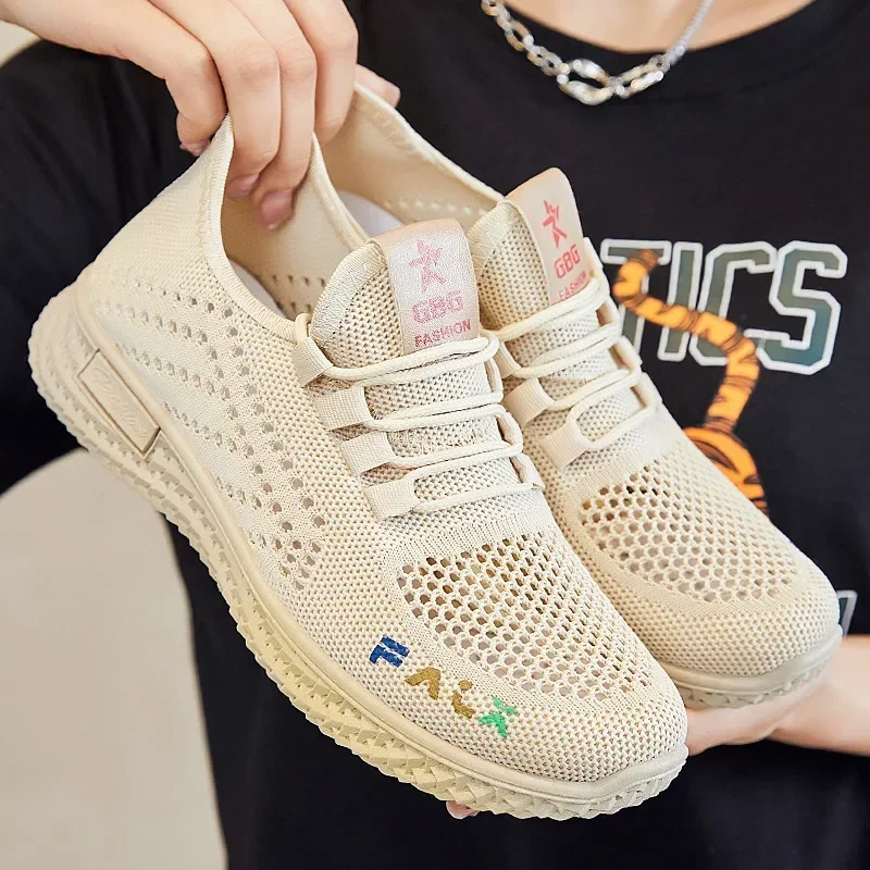 2024 Spring/Summer New Single Shoes Women's Soft soled Breathable Casual Sports Shoes Mesh Lace Fashion Women's Shoes