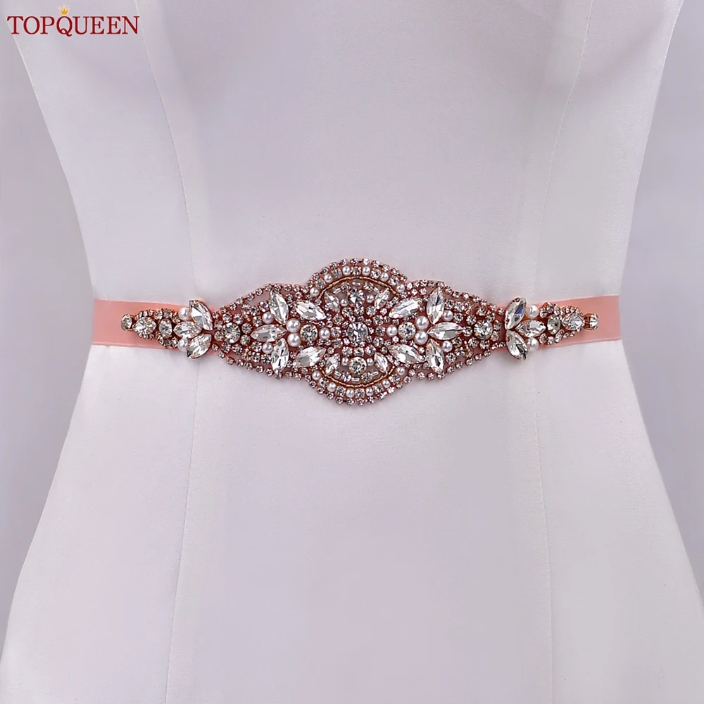 TOPQUEEN Luxury Rose Gold Rhinestone Belt Wedding Belts and Sashes Womens Formal Belts Bridal Sash Belts for Wedding Gown S425