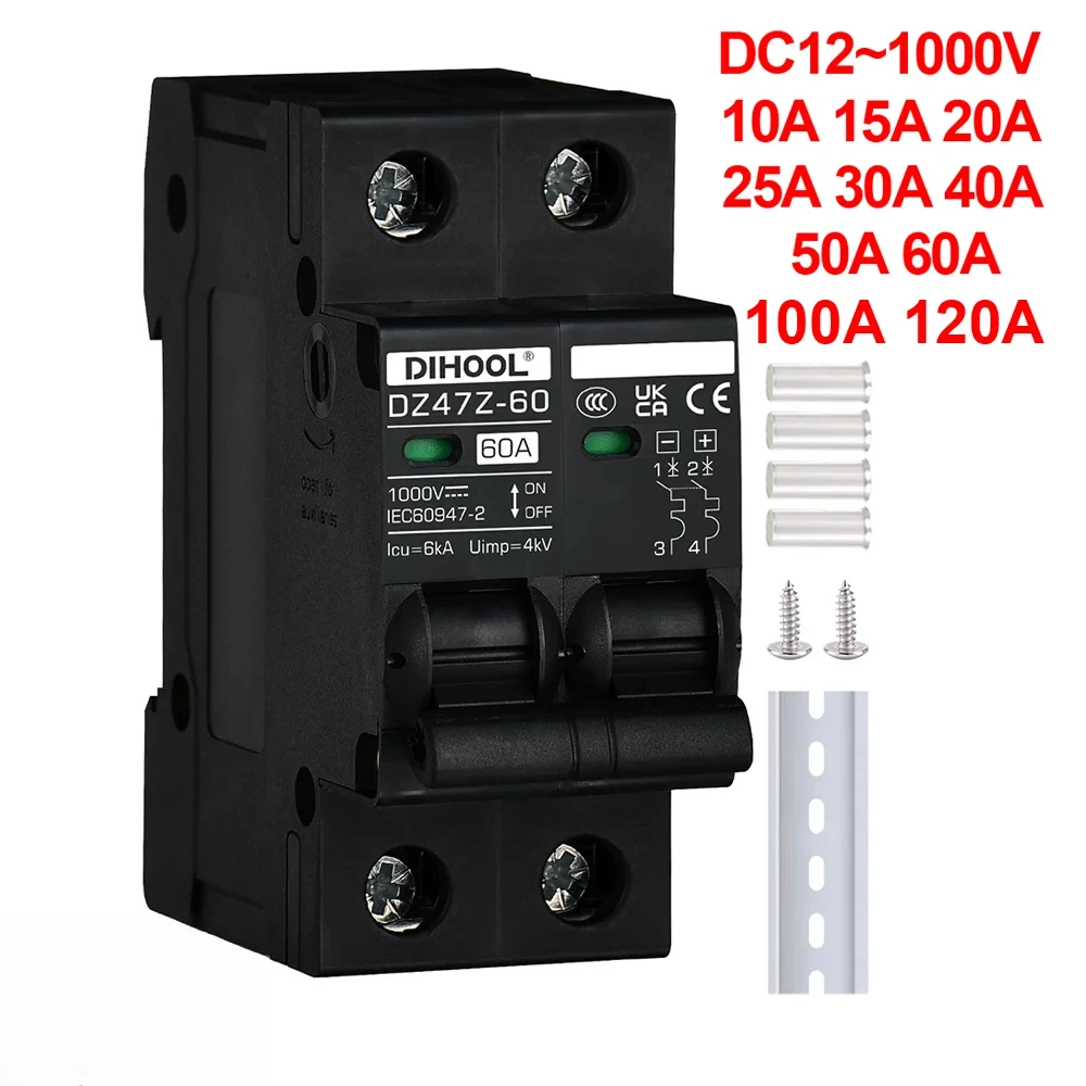 DC1000V MCB Solar DC Circuit Breaker Overload Protection Disconnect Switch 100A 120A 20A 25A 30A 40A 50A 60A Battery Protector
