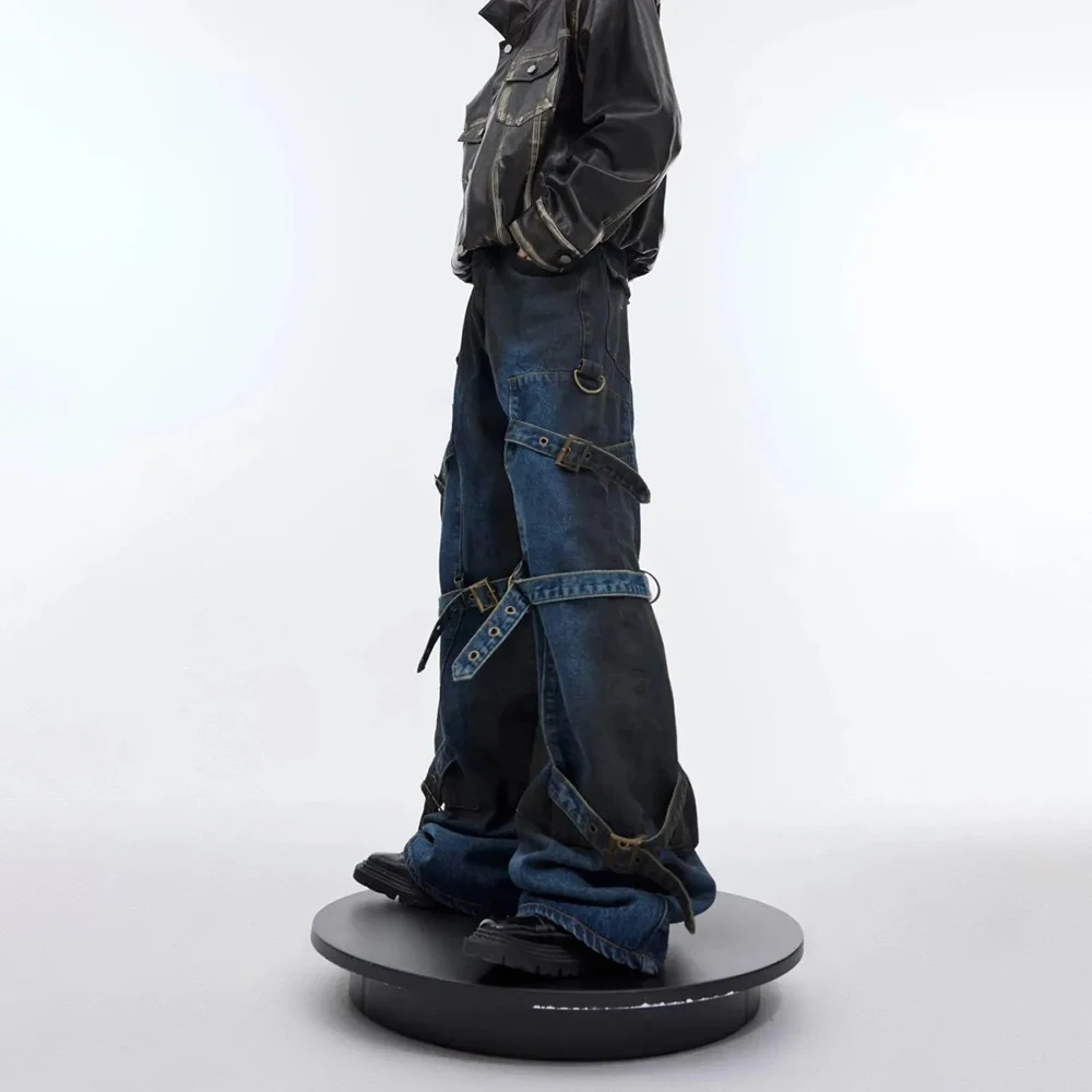 Męskie rozszerzane jeansy sznurowane w stylu deconstructed, amerykańska moda retro, streetwear, hip-hop, luźne, niszowe, nowe męskie spodnie na lato.