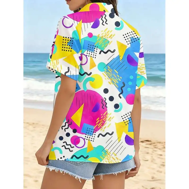 Women's Casual Short Sleeve Shirt Memphis Style Color Block Geometric All Over Print Button Up Top Machine Washable Fashionable