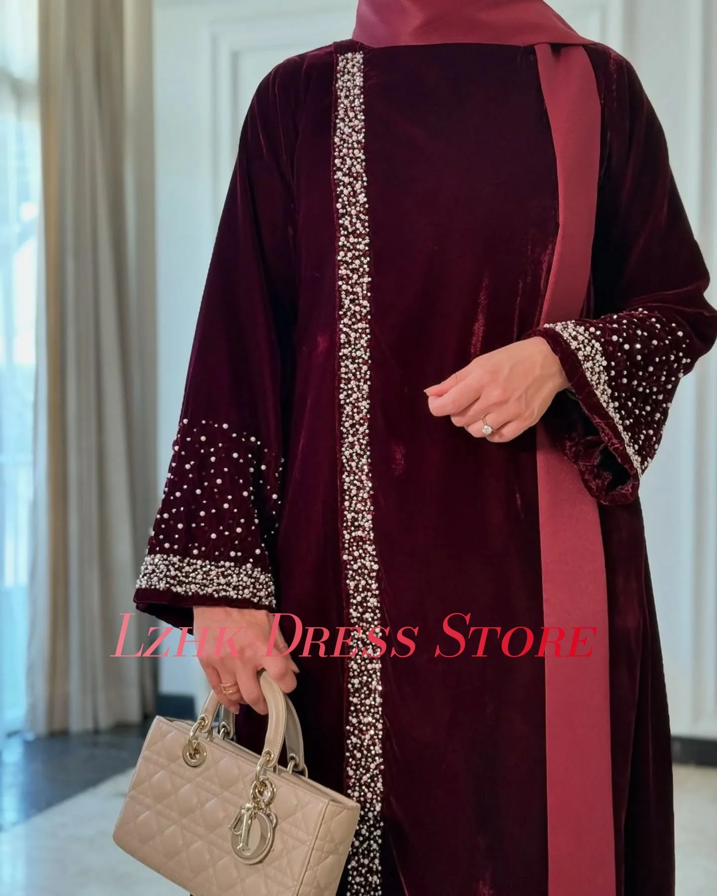 Customized Modern Velvet Straight Beading Pearls Sequined Evening Dress High Quality Long Sleeves فستان سهرة نسائي