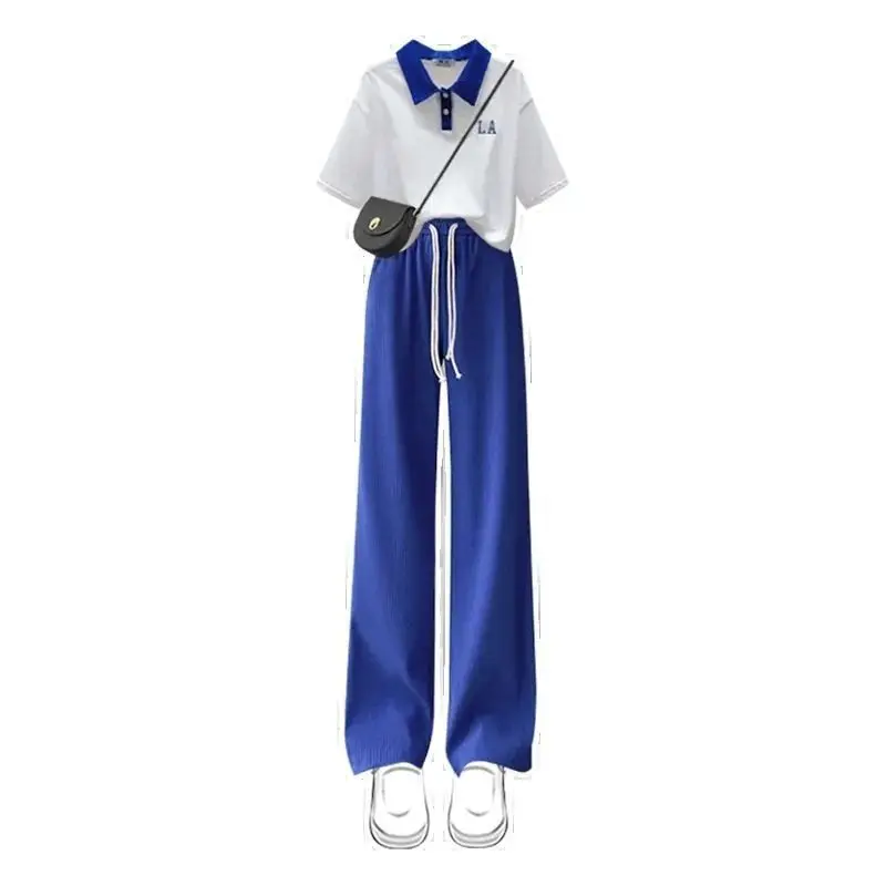 2023 Spring/Summer New Set Female Student Korean Loose College Style Polo Neck T-shirt+Wide Leg Pants Two Piece Set Fashion