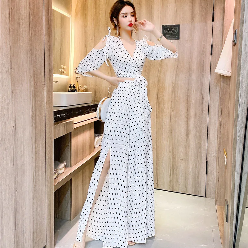 2022 Summer New Women Vintage Suit Fashion Off-The-Shoulder V-Neck Lace Tops Slit Wide Leg Pants Polka Dot Two-Piece Suit Female