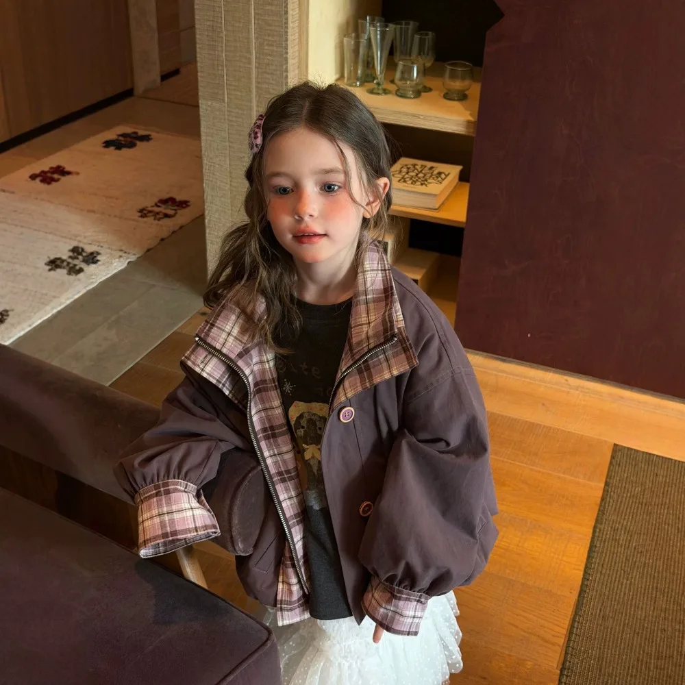 Girls Cargo Jacket 2026 Autumn New, Korean Loose Plaid Spliced Fake Two-Piece Casual Outer Coat For Kids Girls