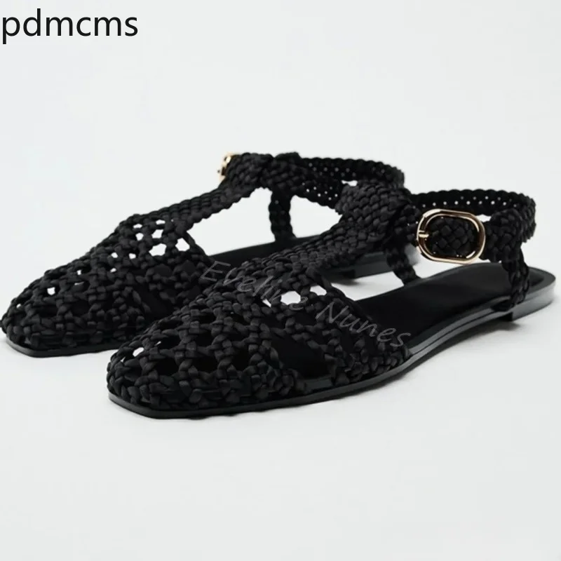 Women's Sandals Hand-woven Flat Sandals Women Gold Hollow Belt Round Toe Flat Casual Sandals Summer Beach Vacation Shoes Zapatos
