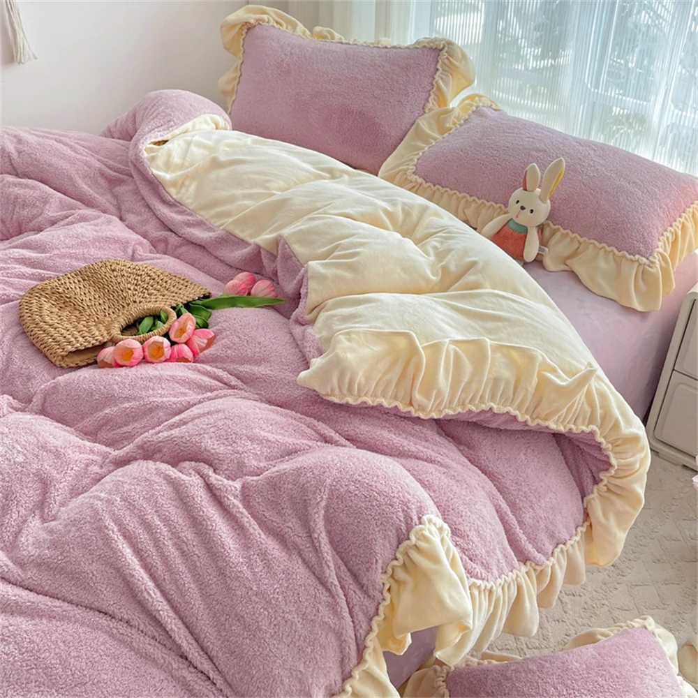 Milk Velvet Bedding Set for Girls Thicken Winter Warm Four Piece Set Soft Bedroom Decor Quilt Cover With Lace Ruffles Bed Sheet