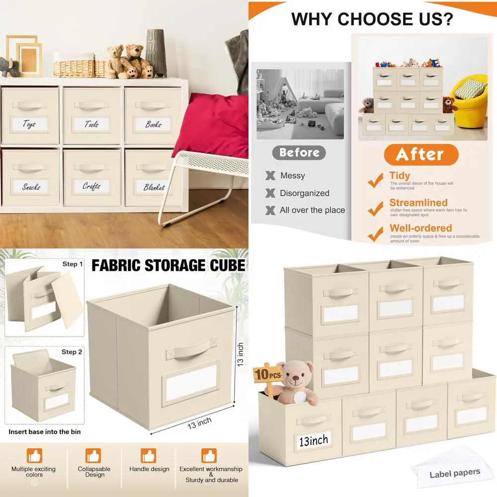 

13 Inch Collapsible Fabric Storage Cubes with Window Labels for Nursery, Clothes, Books, and Toys Organization (Beige)