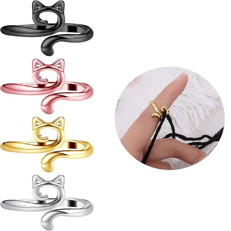 Cat Ring Alloy Geometric Cat Ring With Adjustable Opening Design Multi-function Knitting Crochet Hook Ring Fashion Jewelry Decor