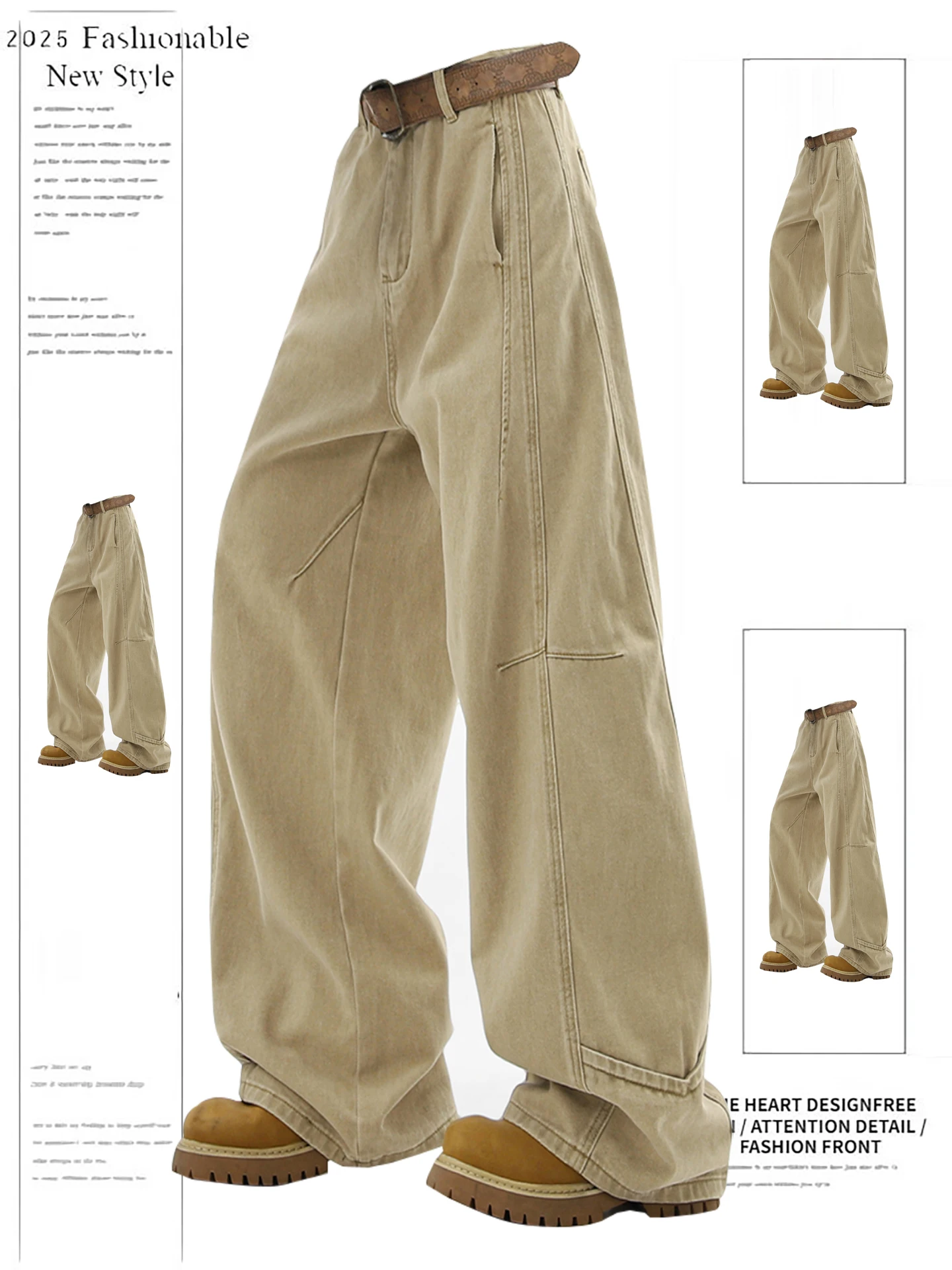 

Khaki Wide Leg Straight Cut Jeans Women's Spring Autumn High Waist Loose Slimming Drapey Denim Pants Vintage Style Casual Wear