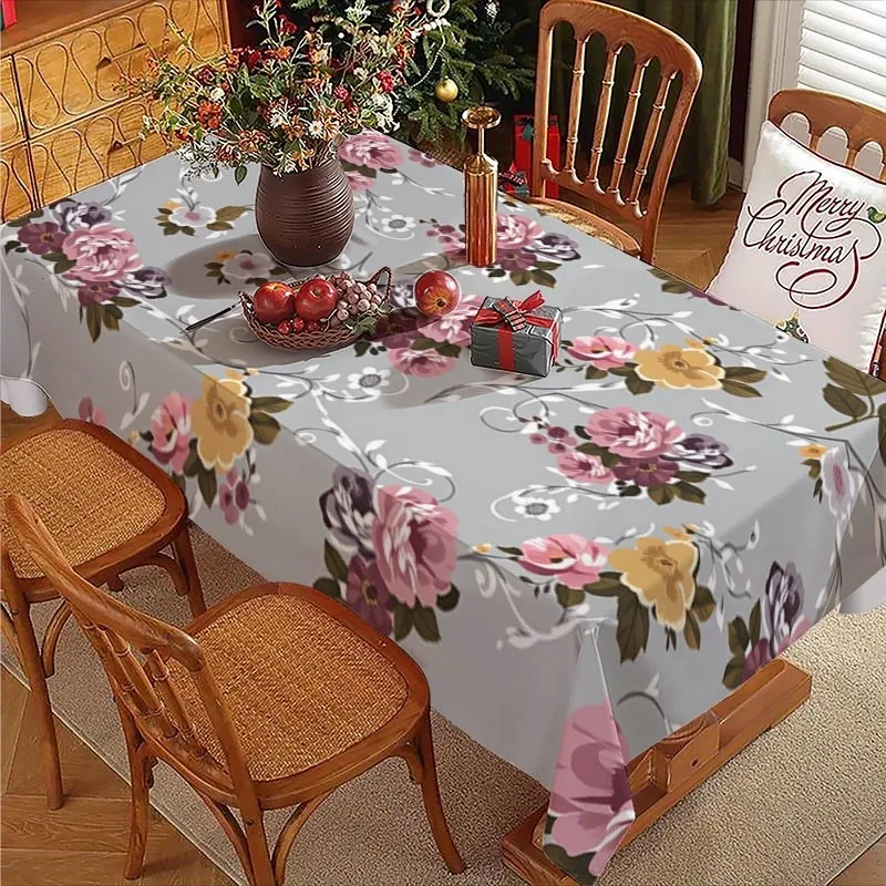Rectangular Polyester Tablecloth, Repeating Floral Pattern on Light Gray Background with Pink Yellow Purple Blooms, Multiple Specifications Available, Easy to Clean Decorative Accessory for Camping, Farmhouse Home Decor& Photo Background