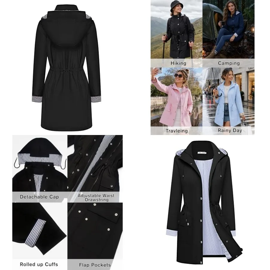 BBX Lephsnt Rain Coats for Women Waterproof Rain Jacket Lightweight Windbreaker Outdoor Hooded Trench Coat
