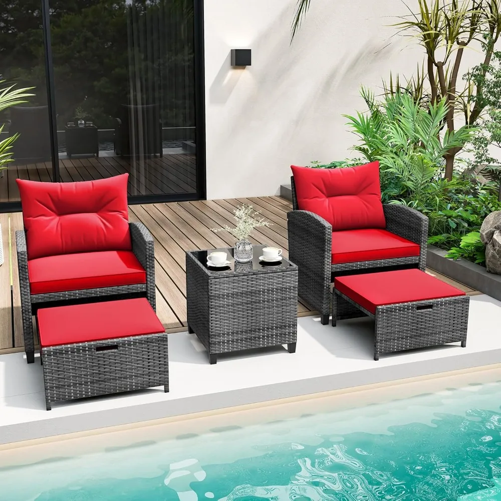 Set di mobili da giardino con pouf, set da conversazione da patio in vimini con tavolino e cuscini, rattan PE da esterno