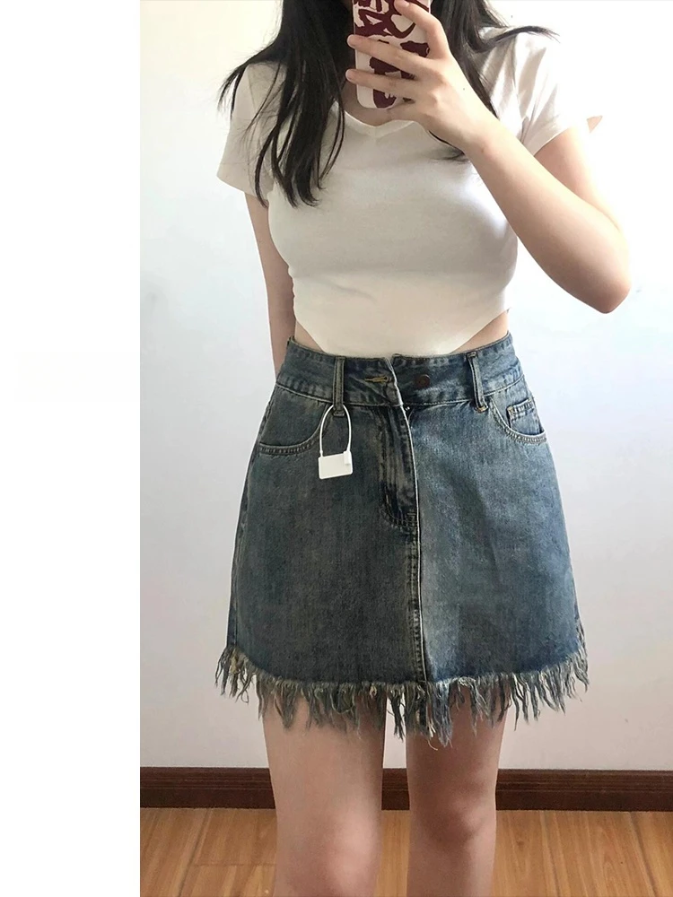 Dżinsowa spódnica w stylu retro z frędzlami, wysoki stan, damska, jesienna, plus size, zakrywająca brzuch, wyszczuplająca, duży rozmiar, spódnica w kształcie litery A.