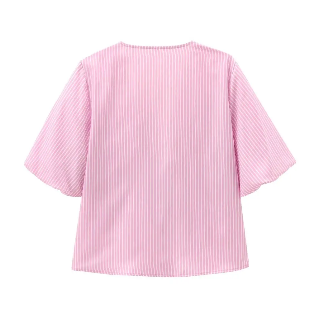 

New Summer Women's Fashion Top in European American Style Pink White Stripes Lace-Up Puff Sleeves Sweet Holiday Look
