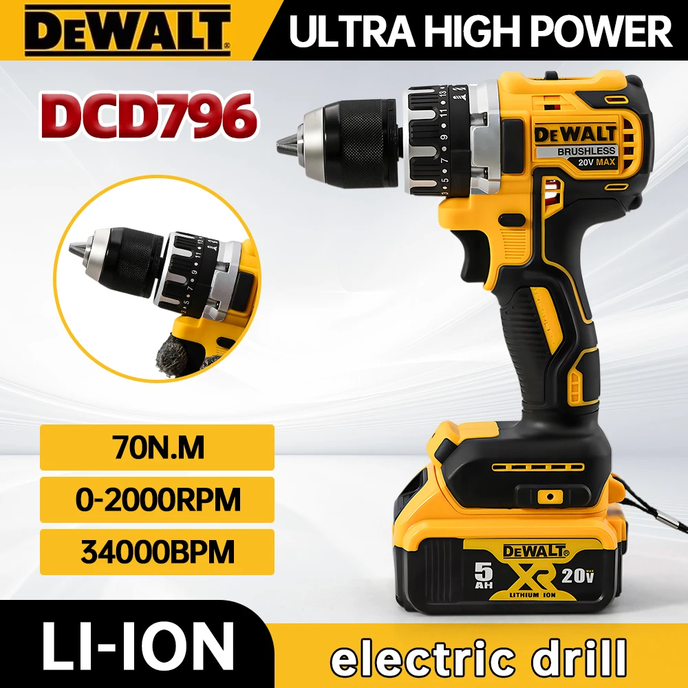 Dewalt DCD796  Compact Electric  Drill/Driver Brushless Cordless Motor Screwdriver  65N.M High Torque Rechargeable  Power Tools