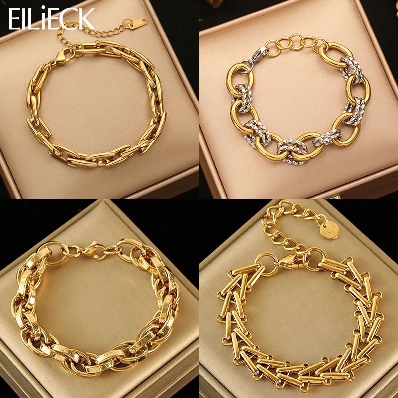 EILIECK Waterproof Stainless Steel Link Chain Cuban Bracelet Bangle For Women Statement Stylish Polished Gold Color Jewelry
