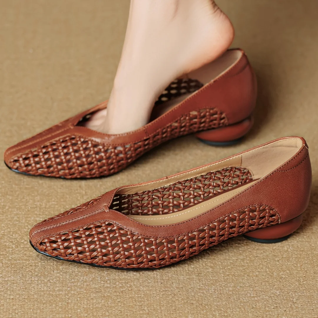 

Women's sheepskin braided microfiber patchwork pointed toe slip-on pumps OL style 3.5cm ball heel slim summer dress sandals shoe